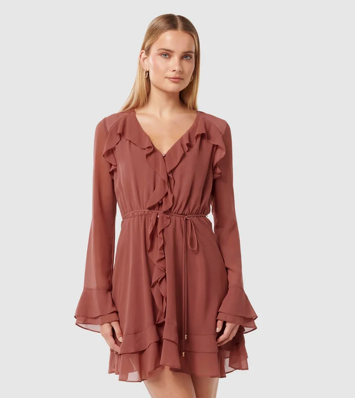 فورايفر نيو PIPER Ruffle Detail Long Sleeves Mini Dress